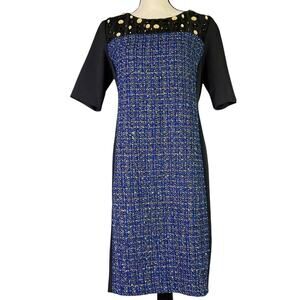Ellen Tracy Tweed Knit Sheath Dress Embellished Blue Black Careerwear Office 10